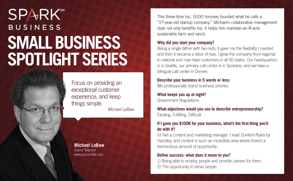 This a picture of Sound Telecom's President, Michael LaBaw and includes some of his answers to questions posed by Capital One about his successful answering service and call center solutions